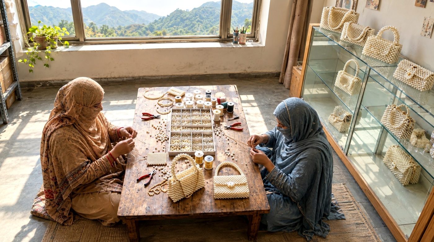 Artisans hand-stringing pearl bags at a wooden workbench in Haripur
