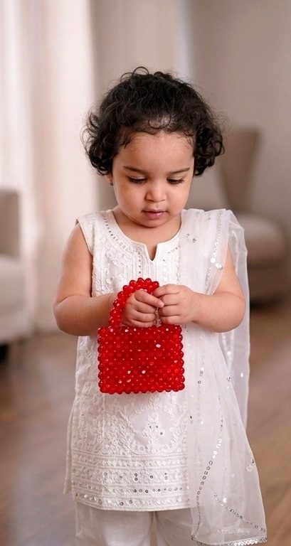 Child holding a small red crystal beaded mini bag