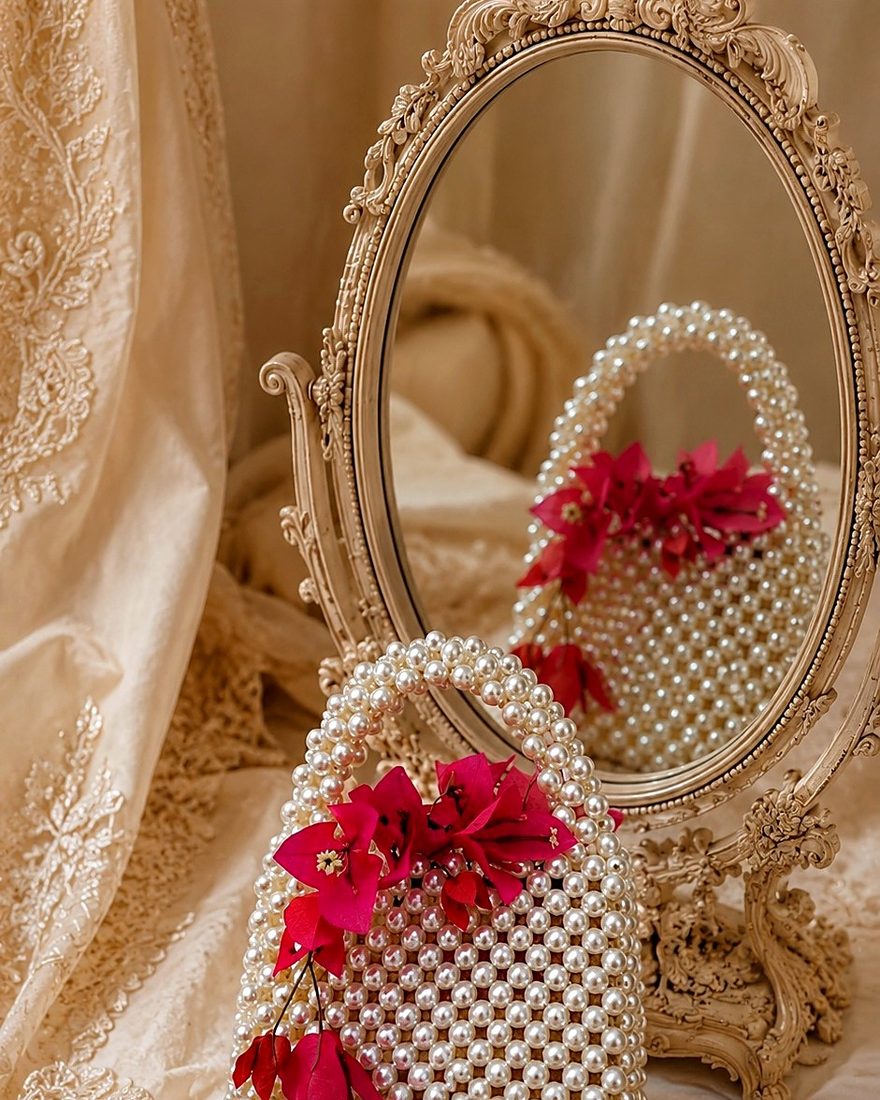 Handmade ivory pearl bag with bougainvillea flowers reflected in a vintage mirror, by Bagilfashion, Haripur Pakistan