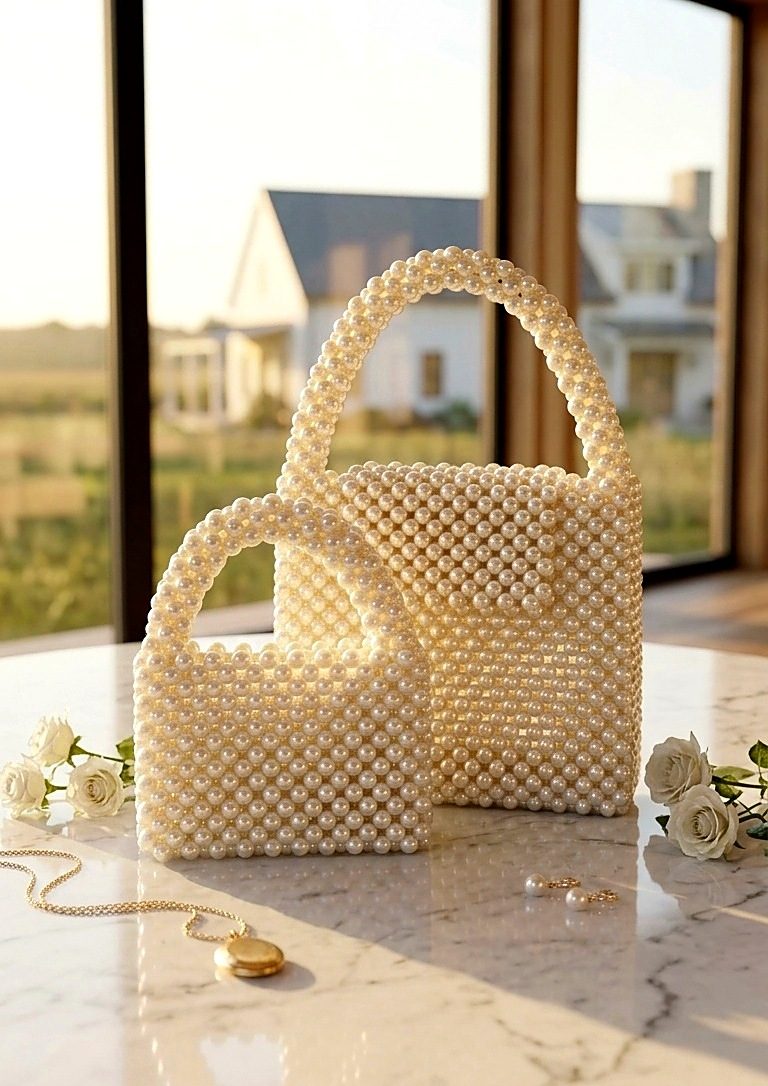 Two handmade ivory pearl bags of different sizes on a marble table with white roses