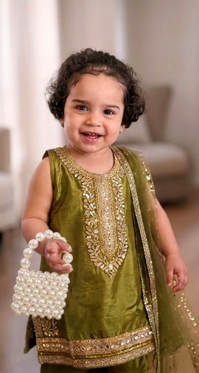 Child holding a handmade ivory pearl mini bag, gift bag Pakistan