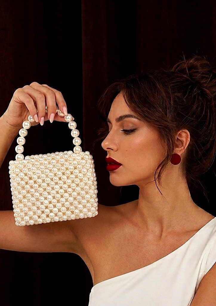 Ivory pearl signature handbag, handmade pearl bag Pakistan