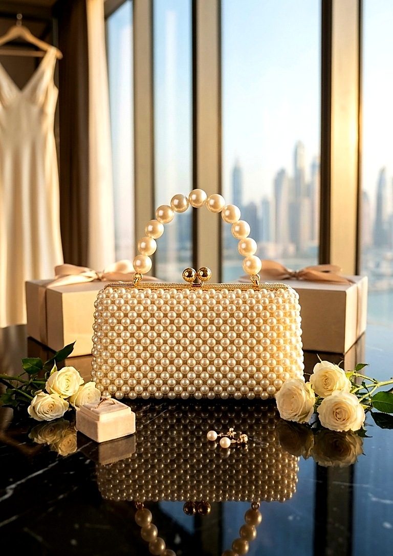 Pearl frame clutch with pearl handle styled for bridal preparation with white roses
