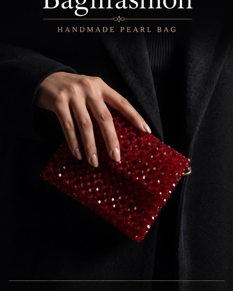 Hand holding a handmade red crystal beaded bag by Bagilfashion