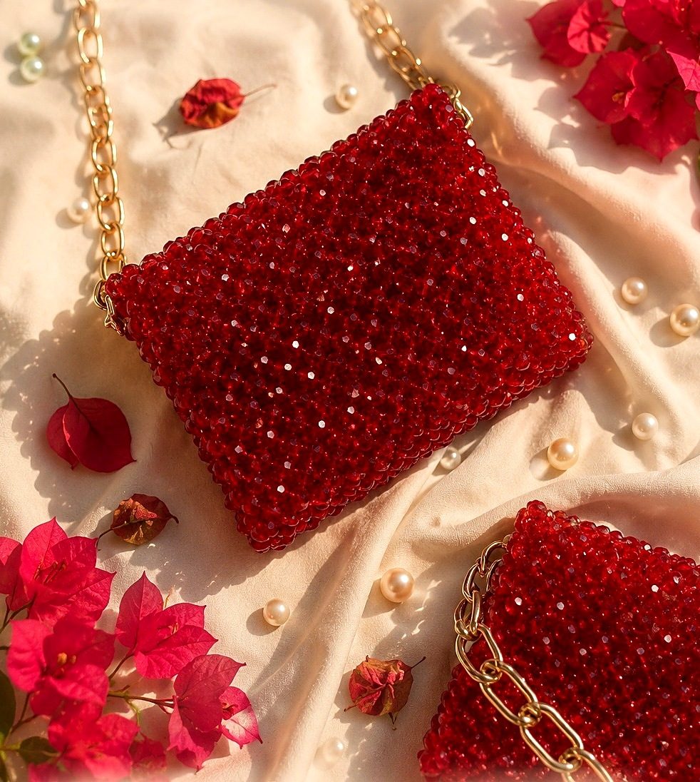 Red crystal beaded clutch with gold chain, handmade beaded bag Pakistan